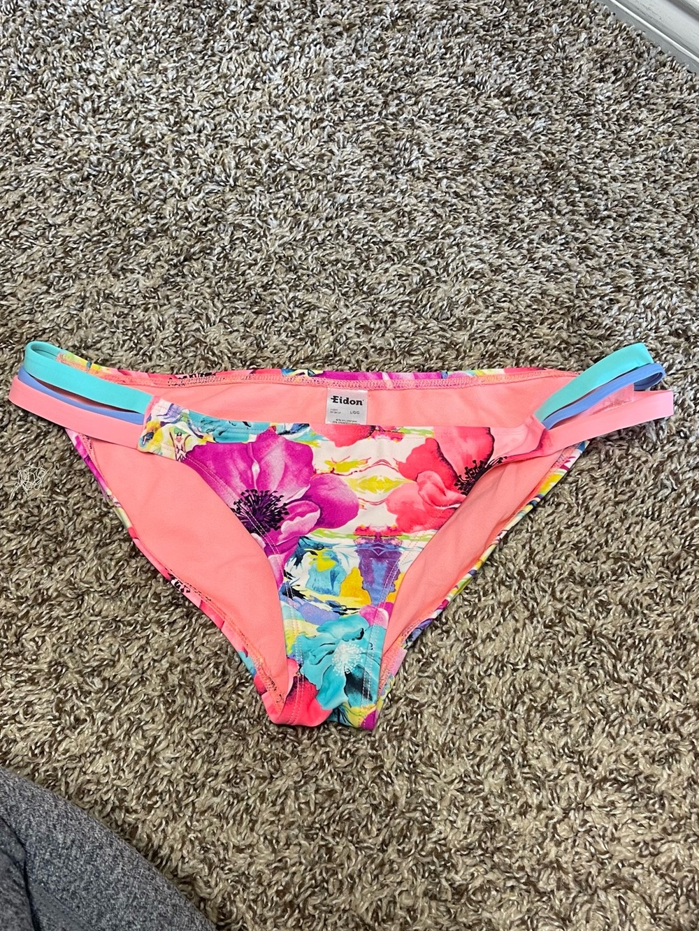 Eidon Coral Floral Bikini Bottom with Aqua Accent Straps